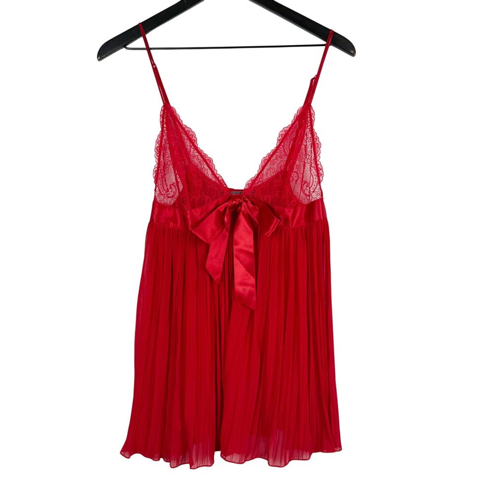 Victoria's Secret Lace Pleated Babydoll Tank Top Red Satin Bow Lingerie - L